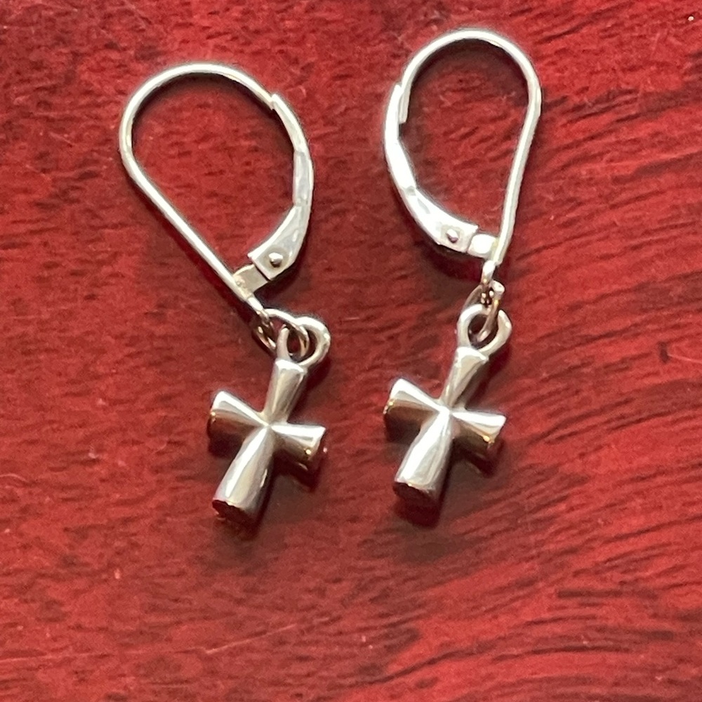 James Avery Retired Sterling Silver St. Teresa Cross Dangle Lever Back Earrings
